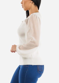 White Rib Knit Long Sleeve Dressy Sweater Top w Chain Detail