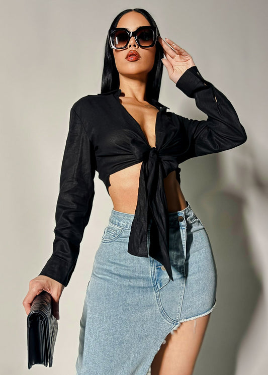 Linen Long Sleeve Front Tie Black Crop Top