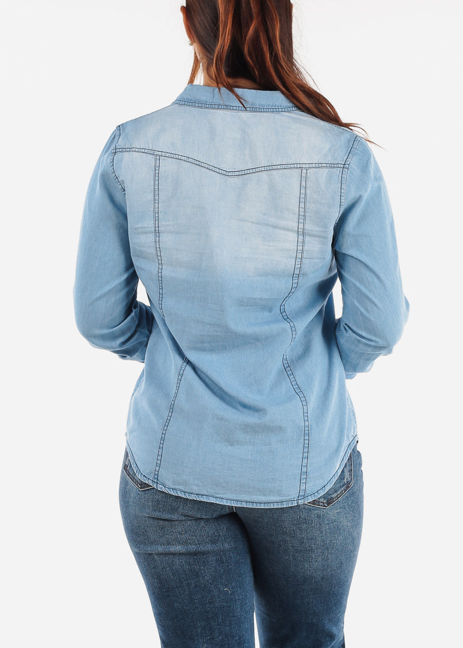 Women's Button Down Denim Shirt Collared Casual Chambray Shirt Long Sleeve  Jeans Tops Distressed Ripped Jacket Coat at Amazon Women's Coats Shop