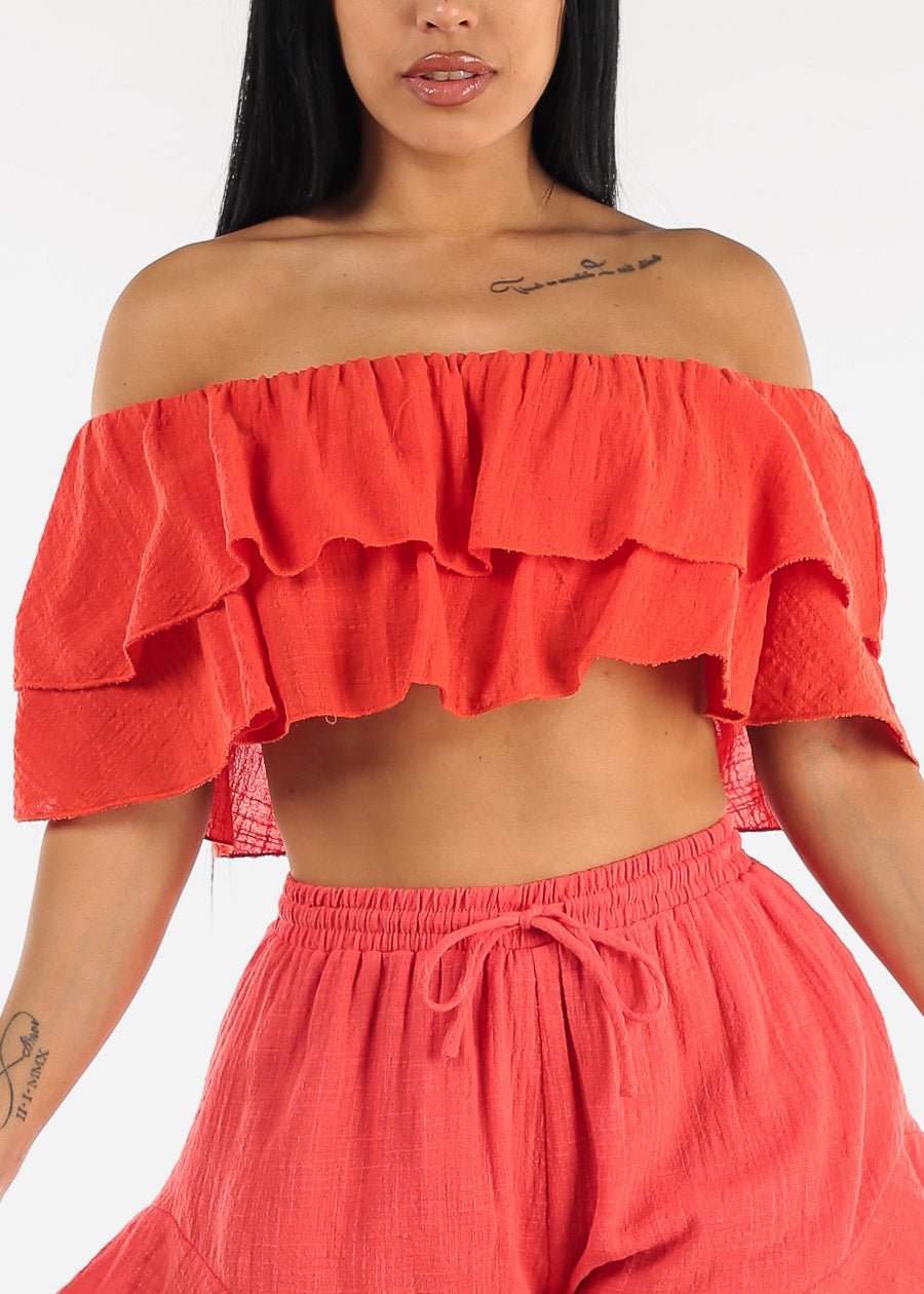 Off Shoulder Red Cotton Ruffled Crop Top