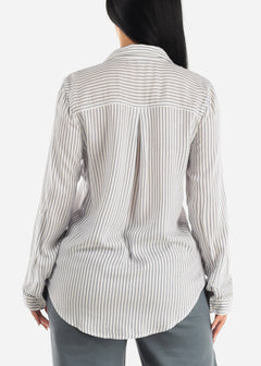 Long Sleeve Button Up Woven Stripe Shirt Blue & White