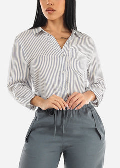 Long Sleeve Button Up Woven Stripe Shirt Blue & White