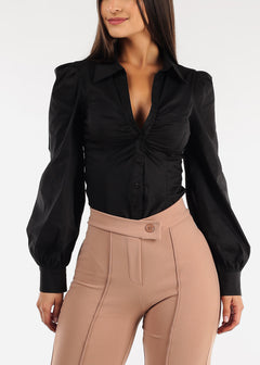 Black Long Sleeve Ruched Collared Button Up Bodysuit