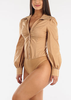 Long Sleeve Beige Ruched Collared Button Up Bodysuit