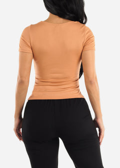Short Sleeve Square Neck Fitted Top Peach