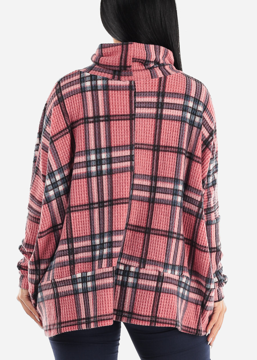 Long Sleeve Plaid Turtleneck Sweater Top Mauve