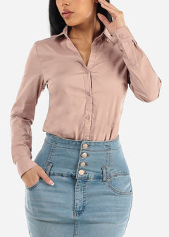 Long Sleeve Button Down Collared Bodysuit Dusty Pink