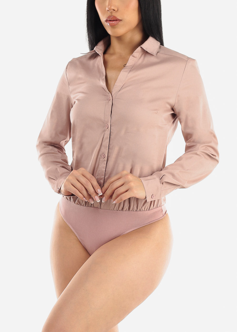 Long Sleeve Button Down Collared Bodysuit Dusty Pink