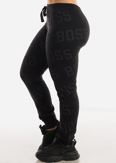 Fleece Drawstring Waist Black Jogger Sweatpants "Boss"