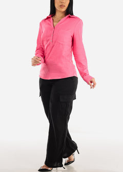 Linen Long Sleeve Half Button Up Shirt Hot Pink