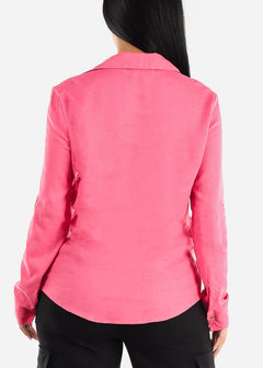 Linen Long Sleeve Half Button Up Shirt Hot Pink