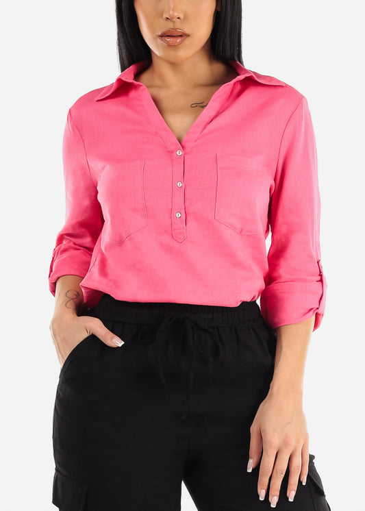 Linen Long Sleeve Half Button Up Shirt Hot Pink