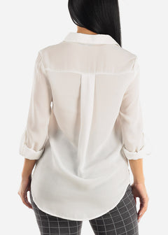 White Chiffon Button Up Dressy Shirt