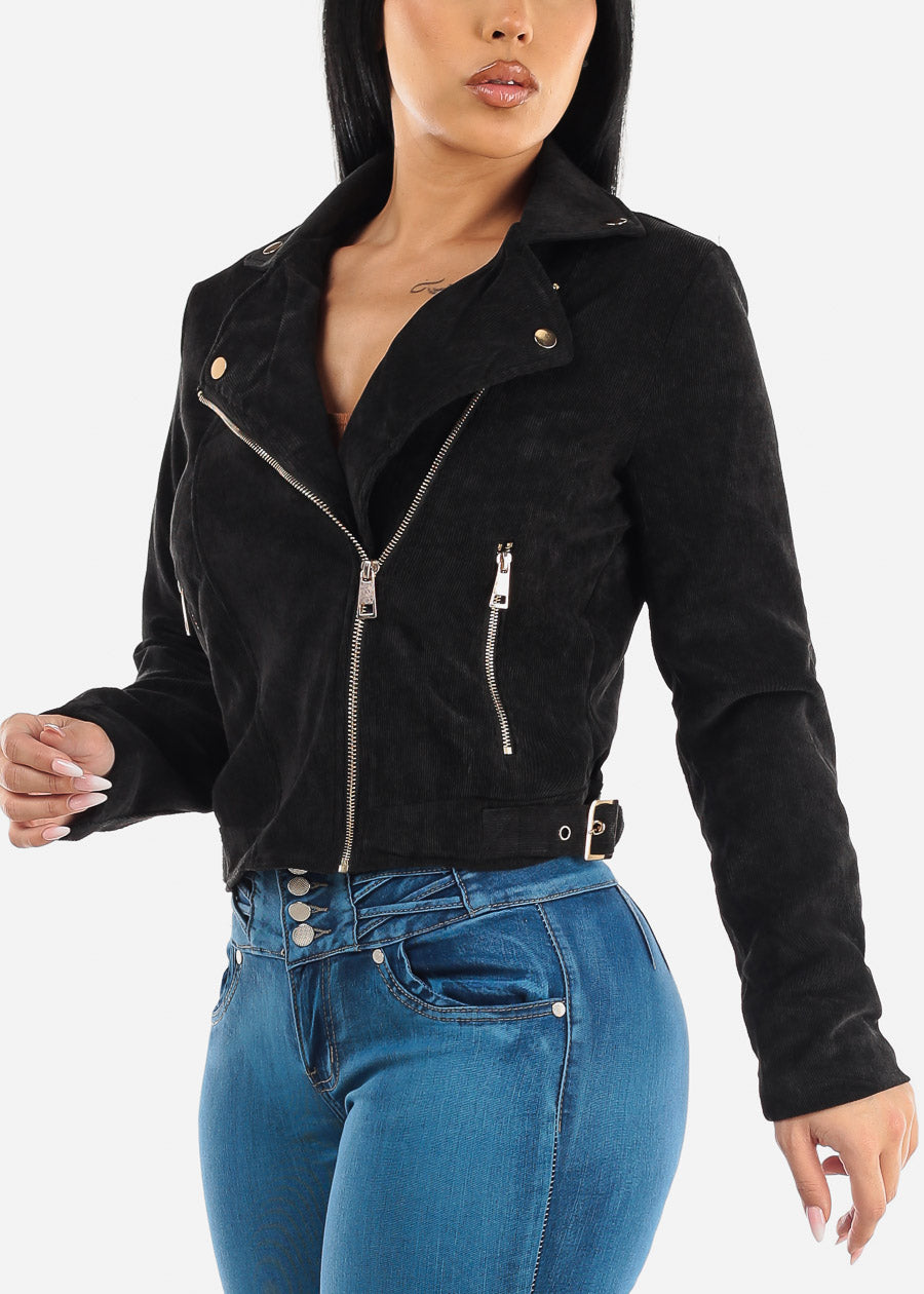 Black Long Sleeve Zip Up Corduroy Moto Jacket