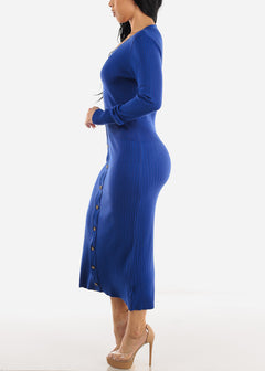 Vneck Long Sleeve Bodycon Sweater Midi Dress Royal Blue