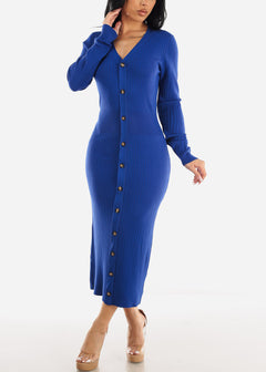 Vneck Long Sleeve Bodycon Sweater Midi Dress Royal Blue