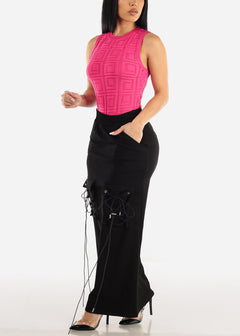 High Waist Black Maxi Skirt w Lace Up Pockets
