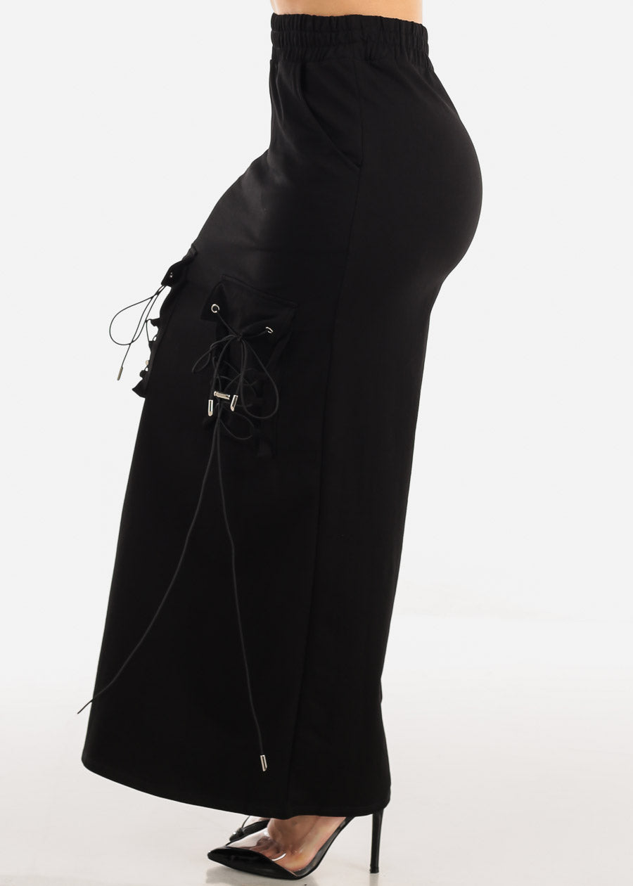 High Waist Black Maxi Skirt w Lace Up Pockets