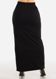 High Waist Black Maxi Skirt w Lace Up Pockets