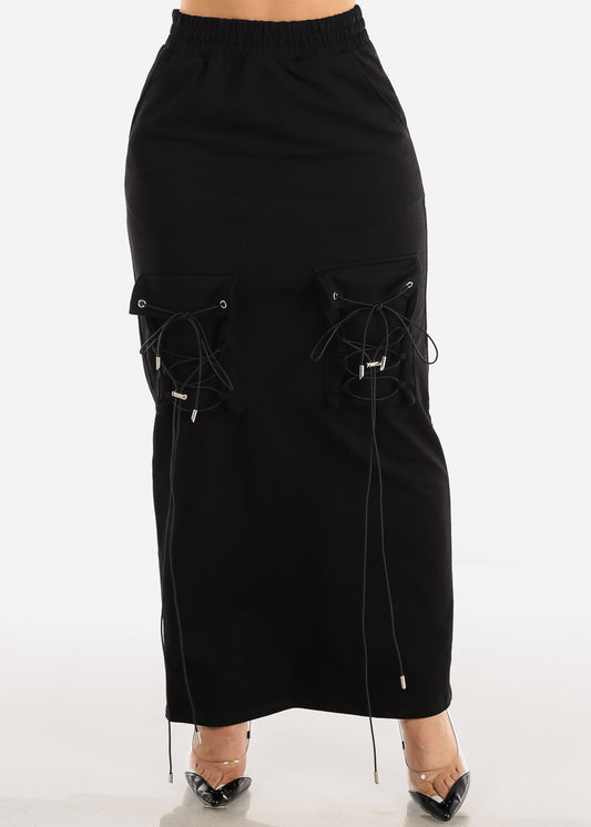 High Waist Black Maxi Skirt w Lace Up Pockets