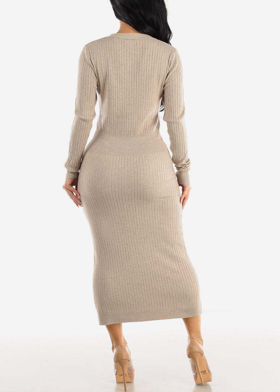 Vneck Long Sleeve Bodycon Sweater Midi Dress Khaki