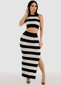 Stripe Sleeveless Crop Top & Maxi Skirt Black (2 PCE SET)