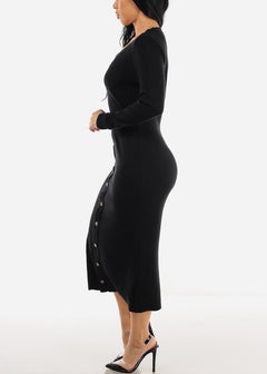 Vneck Black Long Sleeve Bodycon Sweater Midi Dress