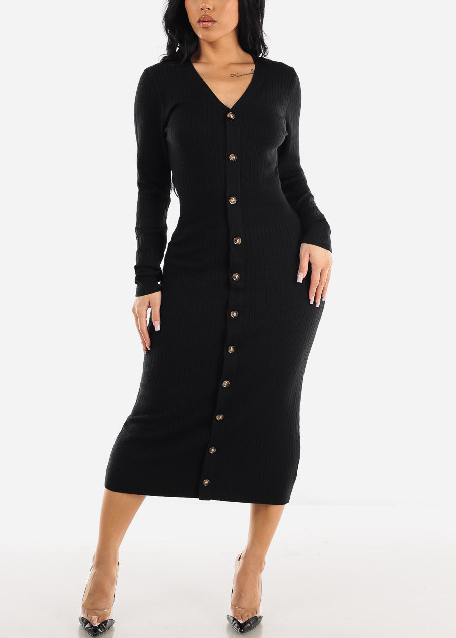 Vneck Black Long Sleeve Bodycon Sweater Midi Dress