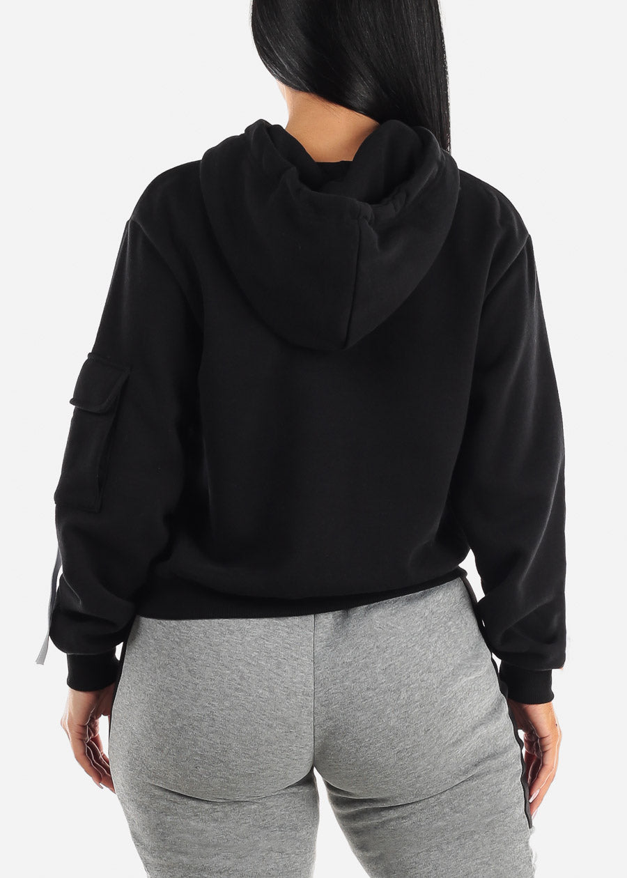 Long Sleeve Black Fleece Pullover Hoodie w Cargo Pocket