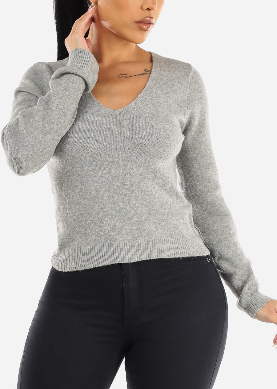 Long Sleeve V-Neck Grey Sweater