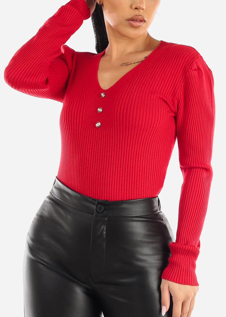 Rib Knit Long Sleeve V-Neck Sweater Red