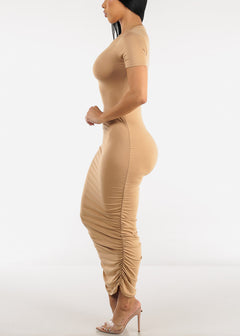Short Sleeve Ruched Bodycon Maxi Dress Nude