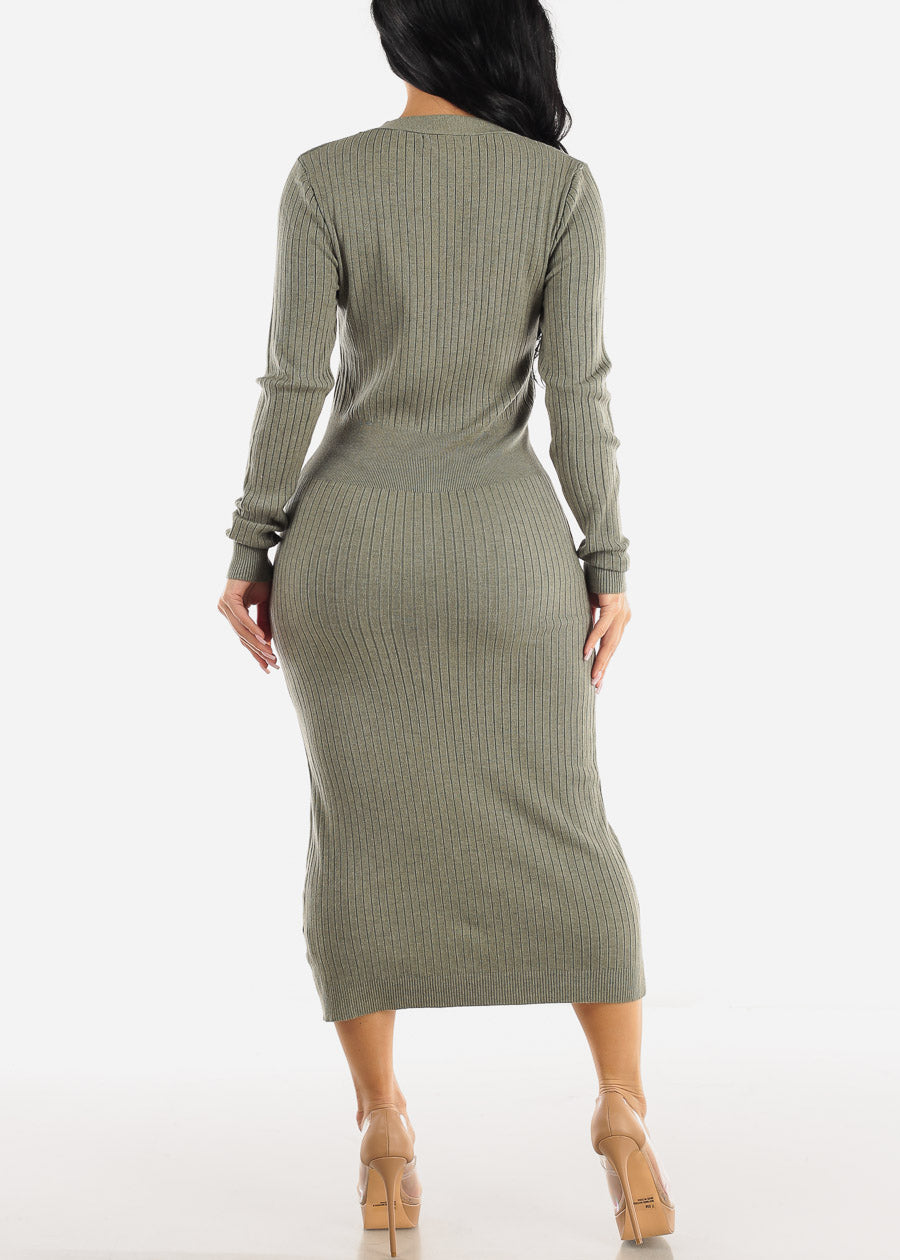 Vneck Long Sleeve Bodycon Sweater Midi Dress Light Olive