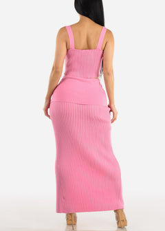 Rib Knit Crop Top & Maxi Skirt Pink (2 PCE SET)