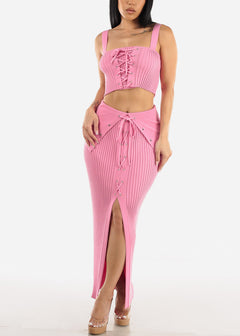 Rib Knit Crop Top & Maxi Skirt Pink (2 PCE SET)