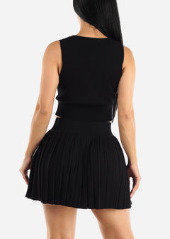 Knit Crop Top & Pleated Mini Skirt Black (2 PCE SET)