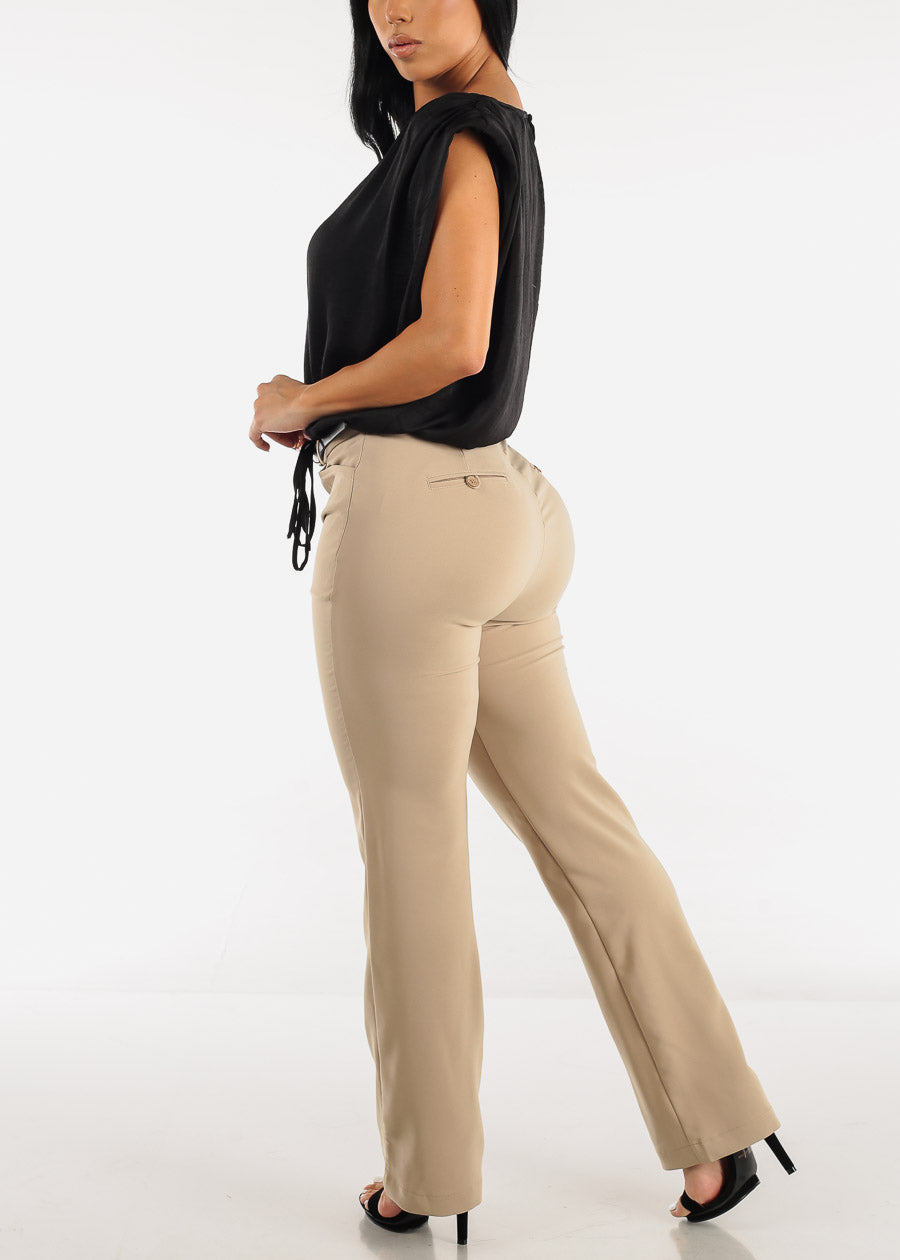 High Waist Bootcut Dress Pants Taupe w Belt