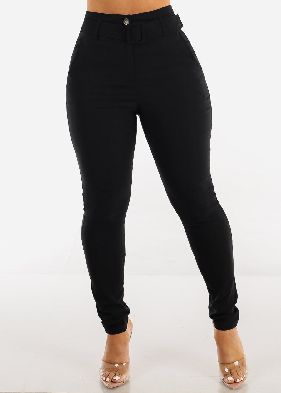 Black High Waisted Belted Skinny Pants