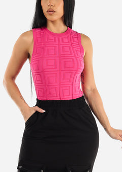 Sleeveless Crewneck Textured Bodysuit Hot Pink