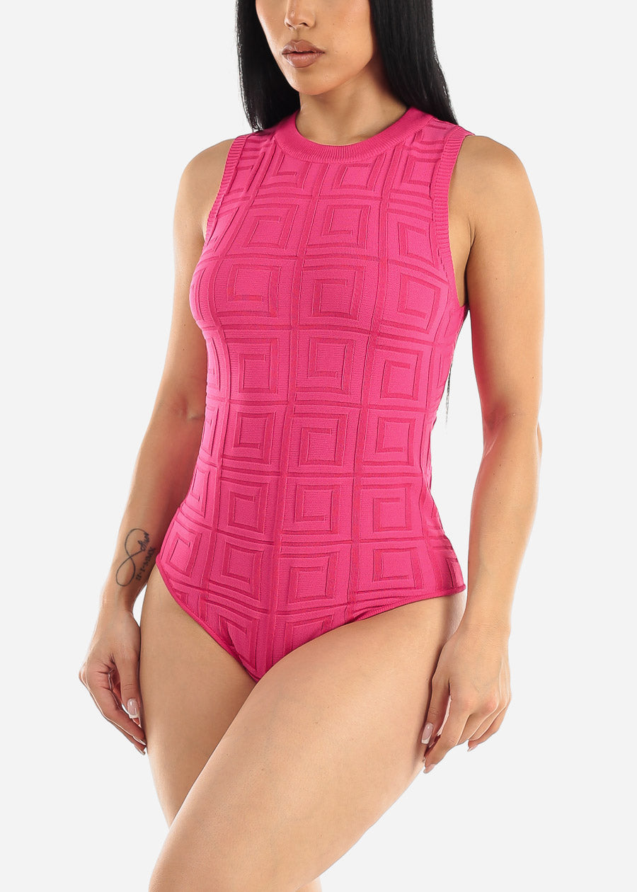 Sleeveless Crewneck Textured Bodysuit Hot Pink