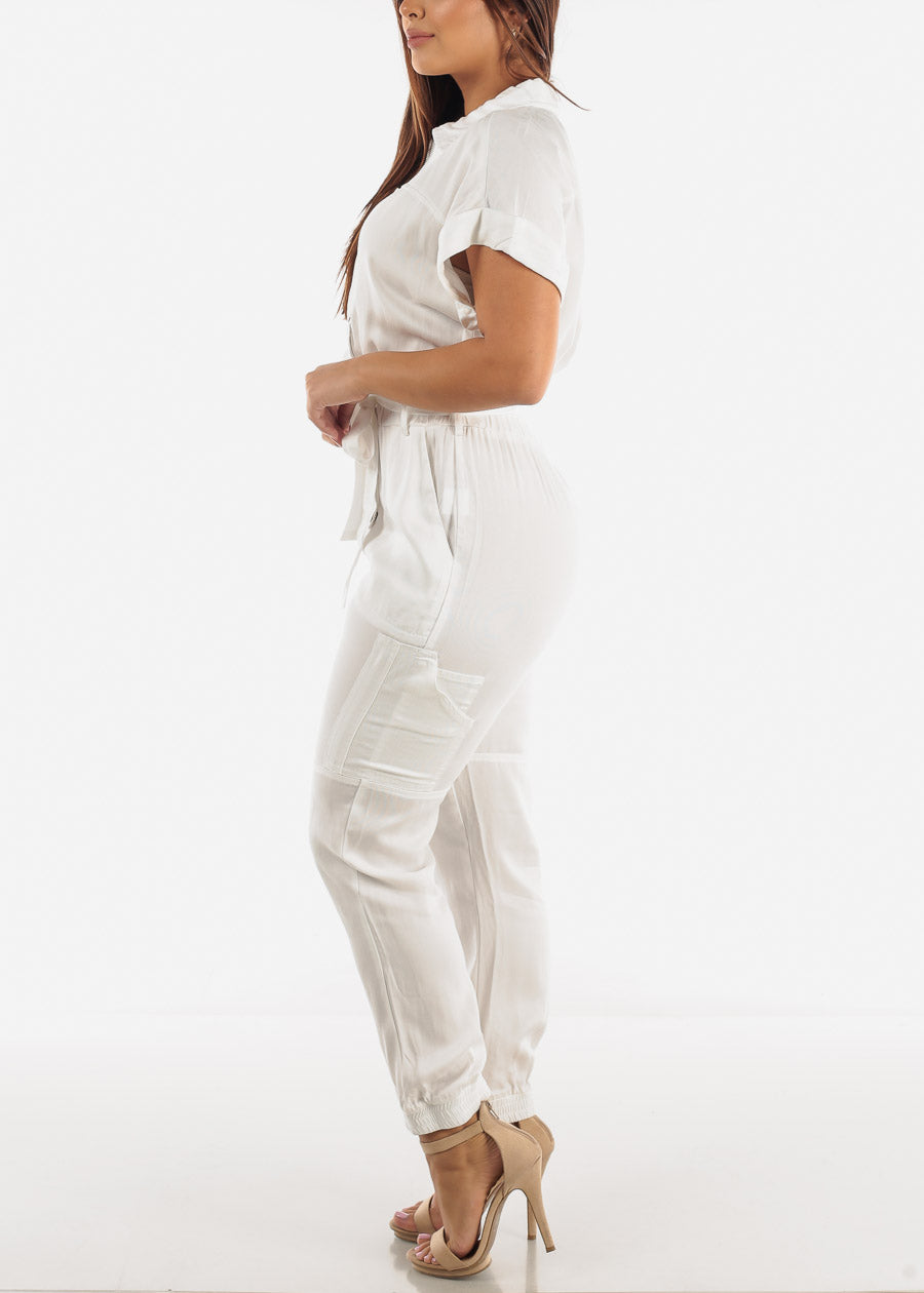 White Cargo Jumpsuit with Belt
