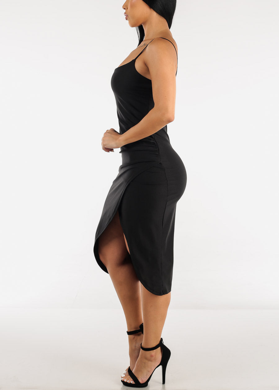 Black Ruched Side Wrapped Bodycon Midi Dress