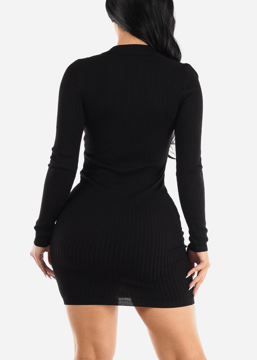 Black Long Sleeve Bodycon Mini Sweater Dress