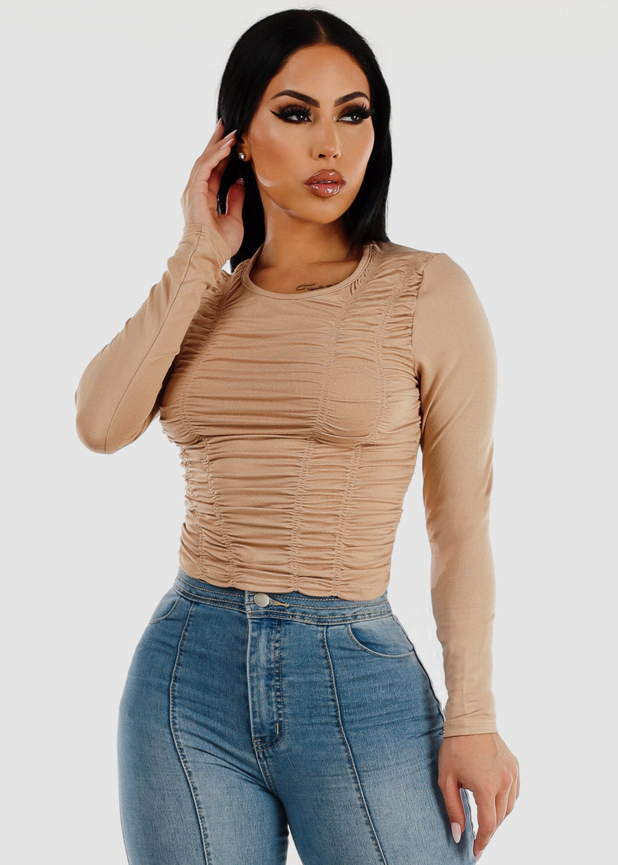 Long Sleeve Front Ruched Fitted Top Nude
