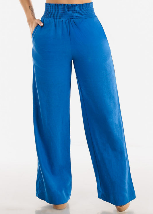 Blue Linen High Rise Spandex Waist Wide Leg Linen Pants