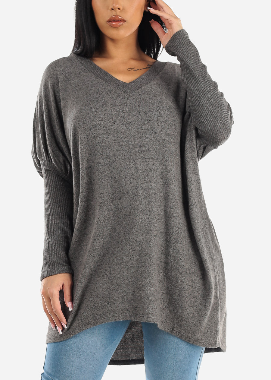 Soft Knit Vneck Long Dolman Sleeve Tunic Sweater Top Charcoal