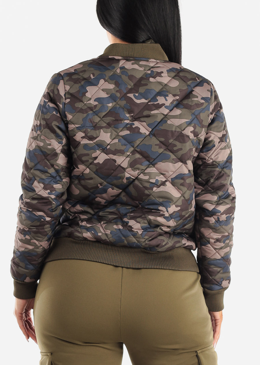 Quilted Camouflage Zip Up Puffer Jacket