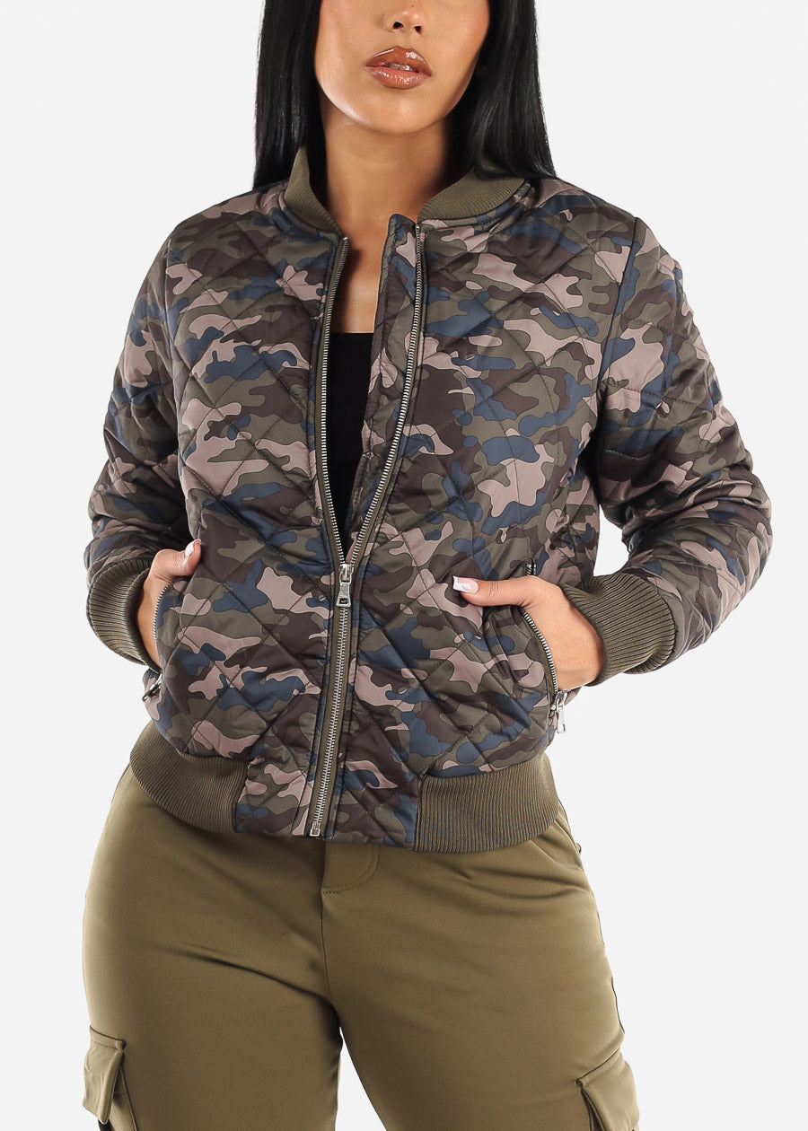 Quilted Camouflage Zip Up Puffer Jacket