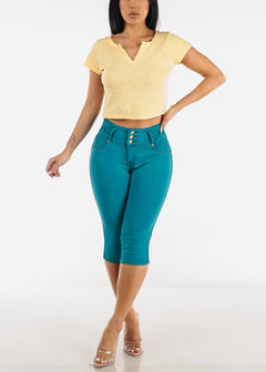 Short Sleeve Vneck Cropped Cotton Tee Yellow