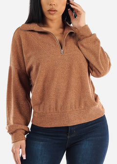 Mock Neck Half Zip Up Pullover Sweater Camel